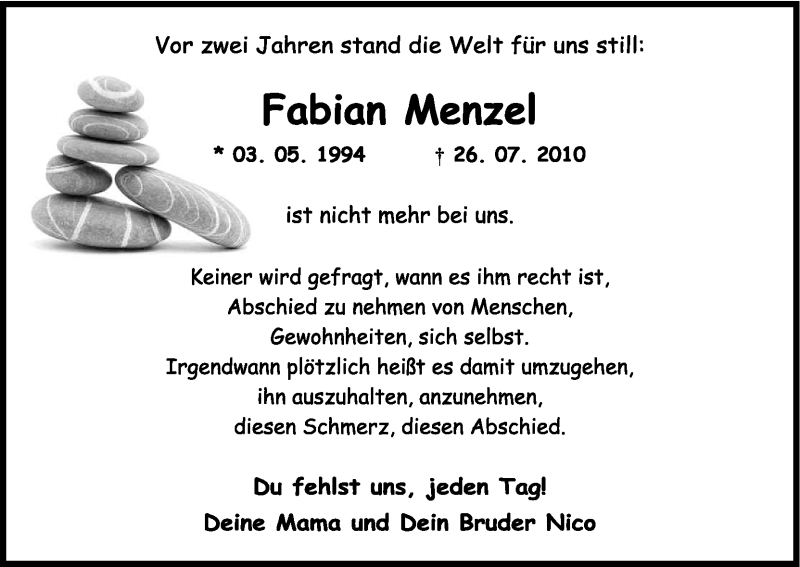  Traueranzeige für Fabian Menzel vom 26.07.2012 aus Kölner Stadt-Anzeiger / Kölnische Rundschau / Express