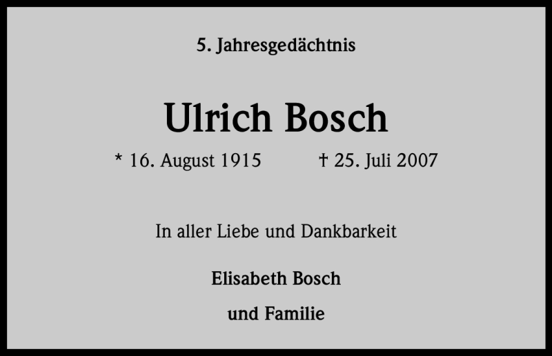  Traueranzeige für Ulrich Bosch vom 25.07.2012 aus Kölner Stadt-Anzeiger / Kölnische Rundschau / Express