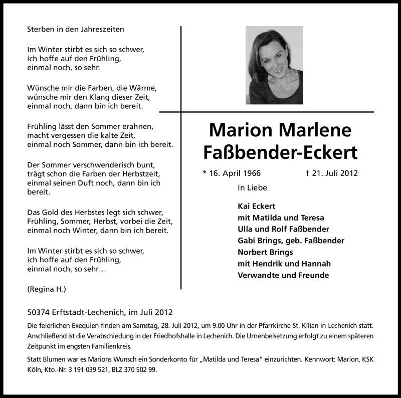  Traueranzeige für Marion Marlene Faßbender-Eckert vom 26.07.2012 aus Kölner Stadt-Anzeiger / Kölnische Rundschau / Express