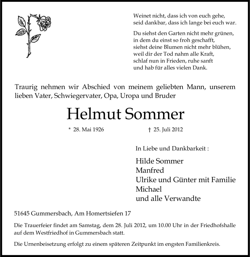  Traueranzeige für Helmut Sommer vom 27.07.2012 aus Kölner Stadt-Anzeiger / Kölnische Rundschau / Express