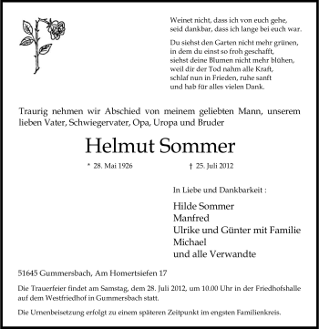 Anzeige von Helmut Sommer von Kölner Stadt-Anzeiger / Kölnische Rundschau / Express