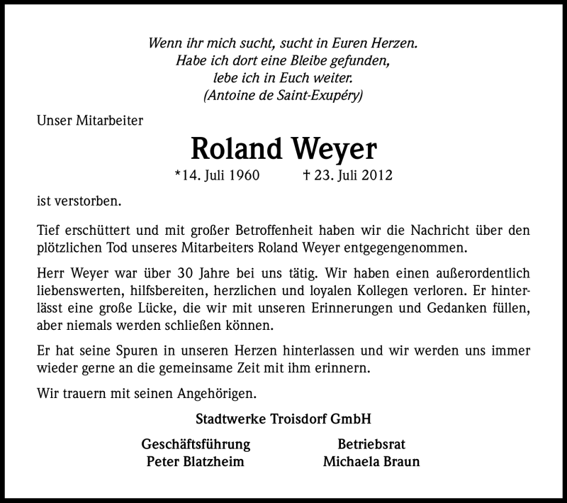  Traueranzeige für Roland Weyer vom 28.07.2012 aus Kölner Stadt-Anzeiger / Kölnische Rundschau / Express