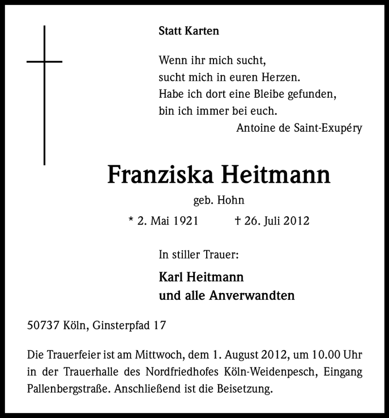  Traueranzeige für Franziska Heitmann vom 28.07.2012 aus Kölner Stadt-Anzeiger / Kölnische Rundschau / Express