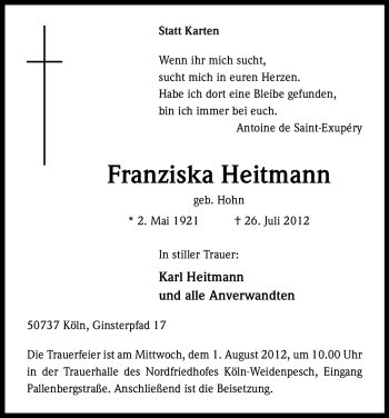Anzeige von Franziska Heitmann von Kölner Stadt-Anzeiger / Kölnische Rundschau / Express