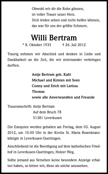 Anzeige von Willi Bertram von Kölner Stadt-Anzeiger / Kölnische Rundschau / Express