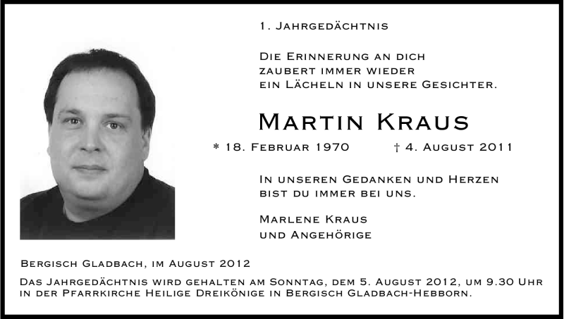  Traueranzeige für Martin Kraus vom 01.08.2012 aus Kölner Stadt-Anzeiger / Kölnische Rundschau / Express