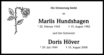 Anzeige von Marlis Hundshagen von Kölner Stadt-Anzeiger / Kölnische Rundschau / Express