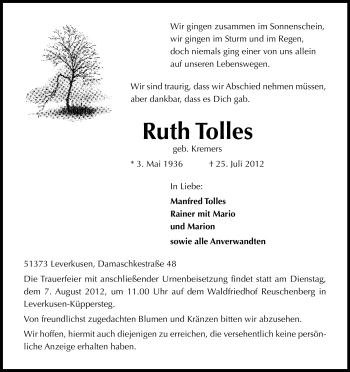 Anzeige von Ruth Tolles von Kölner Stadt-Anzeiger / Kölnische Rundschau / Express