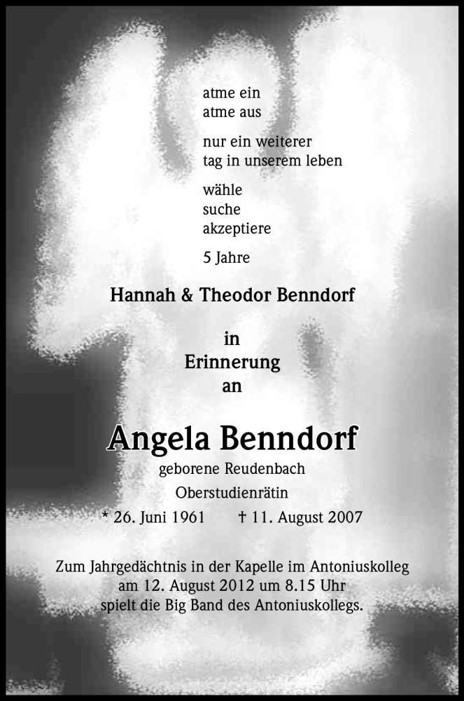  Traueranzeige für Angela Benndorf vom 11.08.2012 aus Kölner Stadt-Anzeiger / Kölnische Rundschau / Express