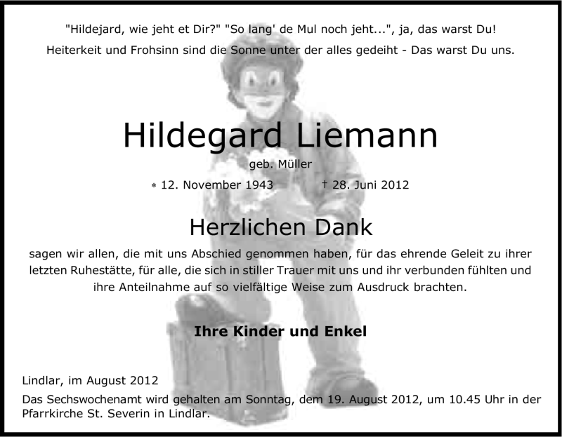  Traueranzeige für Hildegard Liemann vom 04.08.2012 aus Kölner Stadt-Anzeiger / Kölnische Rundschau / Express