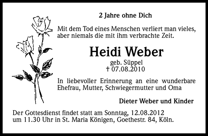  Traueranzeige für Heidi Weber vom 11.08.2012 aus Kölner Stadt-Anzeiger / Kölnische Rundschau / Express