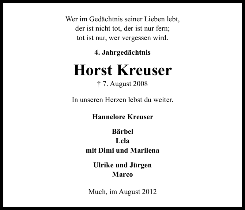  Traueranzeige für Horst Kreuser vom 07.08.2012 aus Kölner Stadt-Anzeiger / Kölnische Rundschau / Express