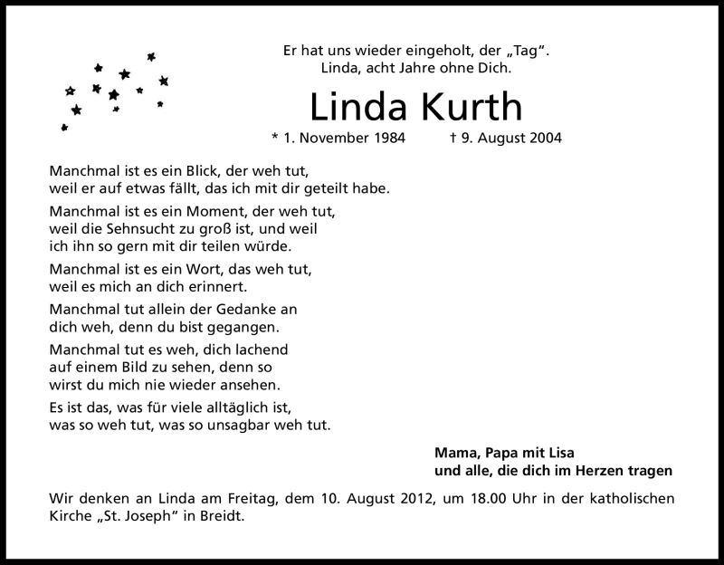  Traueranzeige für Linda Kurth vom 09.08.2012 aus Kölner Stadt-Anzeiger / Kölnische Rundschau / Express