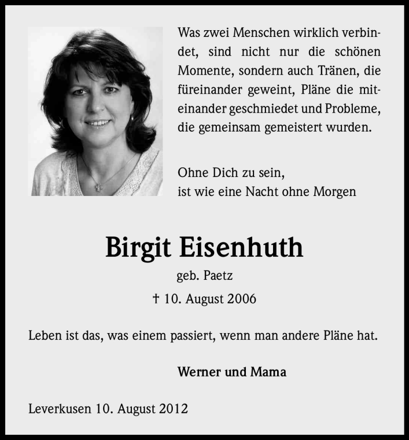  Traueranzeige für Birgit Eisenhuth vom 10.08.2012 aus Kölner Stadt-Anzeiger / Kölnische Rundschau / Express