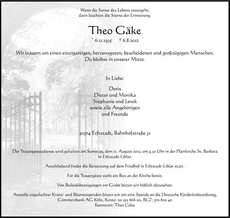 Traueranzeige für Theo  Gäke vom 08.08.2012 aus Kölner Stadt-Anzeiger / Kölnische Rundschau / Express