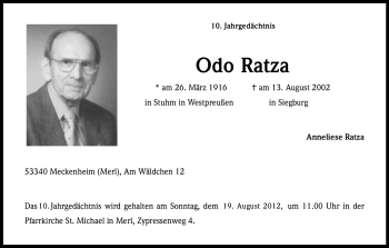 Anzeige von Odo Ratza von Kölner Stadt-Anzeiger / Kölnische Rundschau / Express