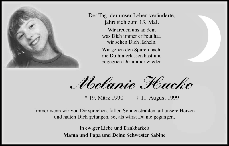  Traueranzeige für Melanie Hucko vom 11.08.2012 aus Kölner Stadt-Anzeiger / Kölnische Rundschau / Express