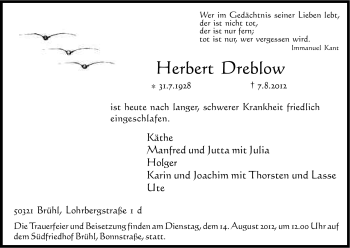 Anzeige von Herbert Dreblow von Kölner Stadt-Anzeiger / Kölnische Rundschau / Express