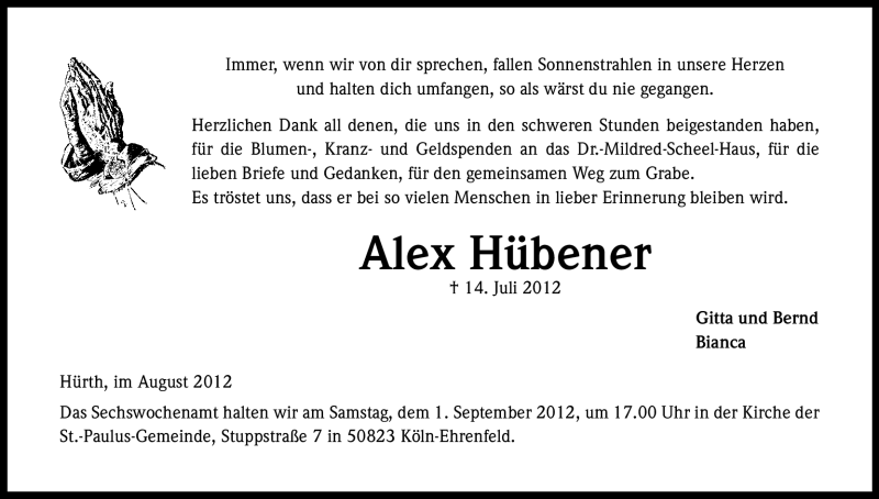  Traueranzeige für Alex Hübener vom 18.08.2012 aus Kölner Stadt-Anzeiger / Kölnische Rundschau / Express