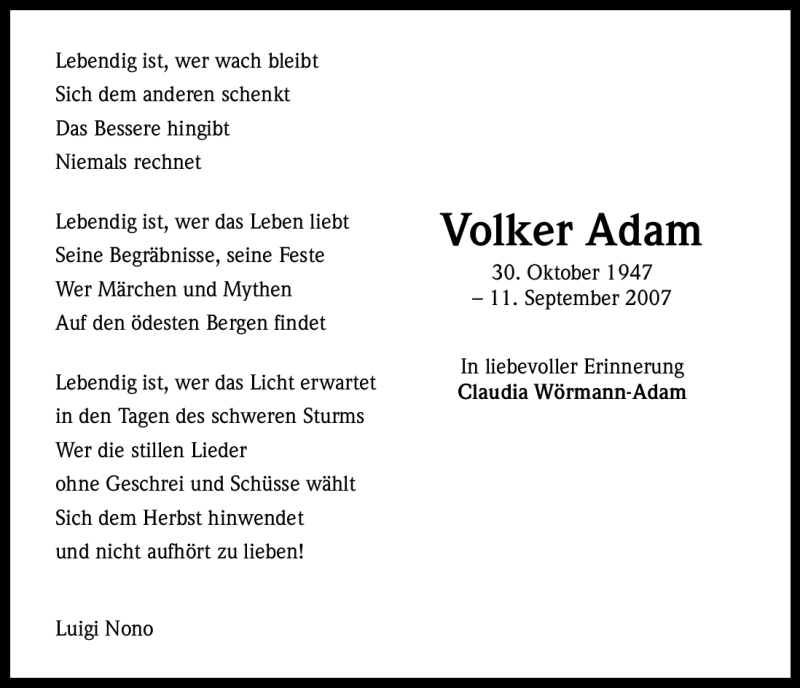  Traueranzeige für Volker Adam vom 11.09.2012 aus Kölner Stadt-Anzeiger / Kölnische Rundschau / Express
