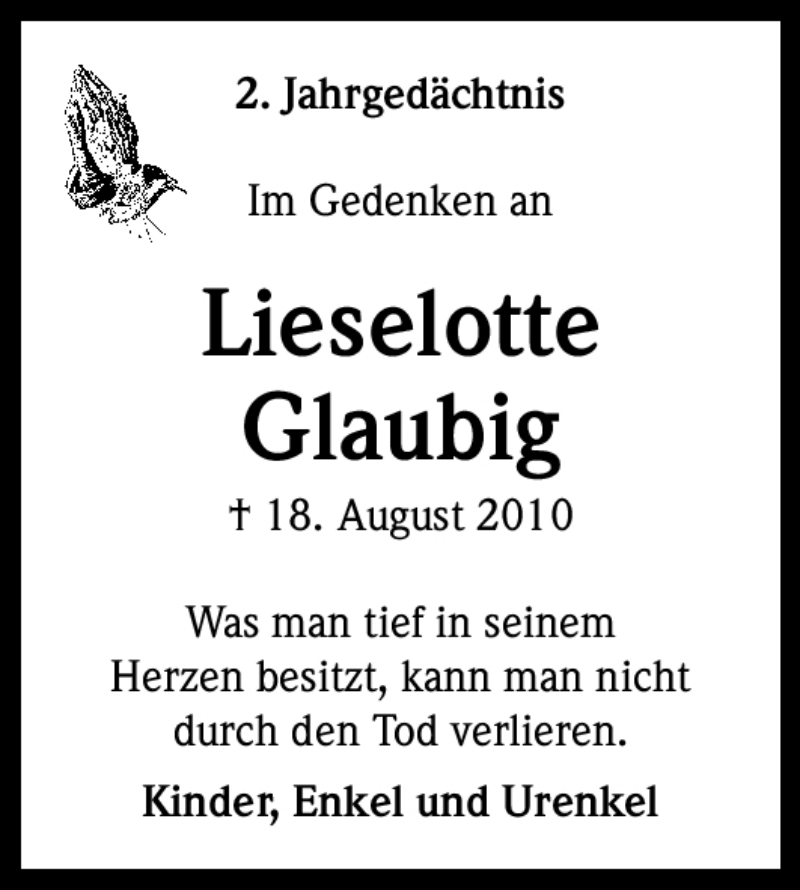  Traueranzeige für Lieselotte Glaubig vom 18.08.2012 aus Kölner Stadt-Anzeiger / Kölnische Rundschau / Express