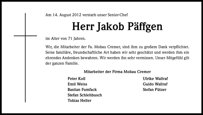  Traueranzeige für Jakob Päffgen vom 18.08.2012 aus Kölner Stadt-Anzeiger / Kölnische Rundschau / Express