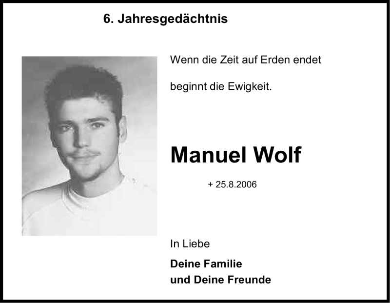  Traueranzeige für Manuel Wolf vom 25.08.2012 aus Kölner Stadt-Anzeiger / Kölnische Rundschau / Express