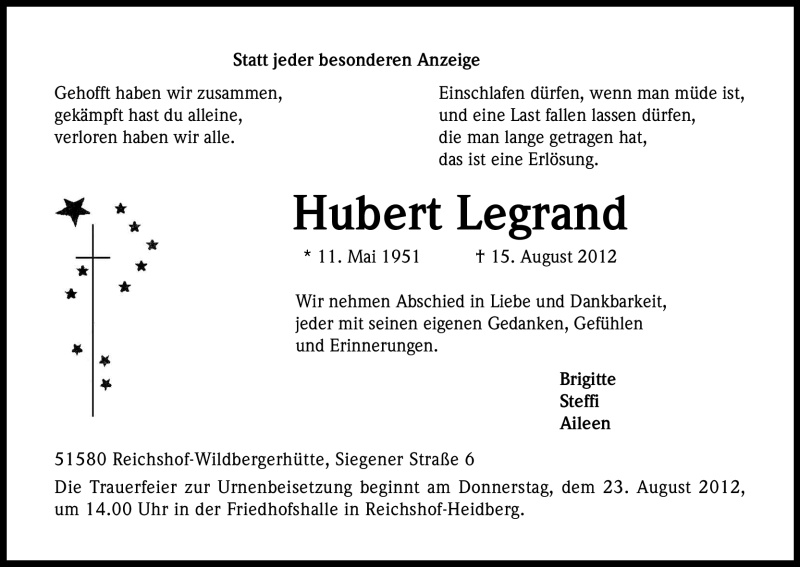  Traueranzeige für Hubert Legrand vom 18.08.2012 aus Kölner Stadt-Anzeiger / Kölnische Rundschau / Express