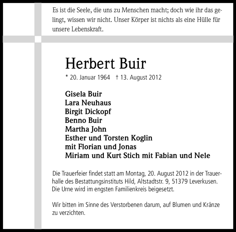  Traueranzeige für Herbert Buir vom 18.08.2012 aus Kölner Stadt-Anzeiger / Kölnische Rundschau / Express