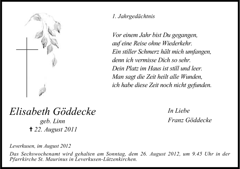  Traueranzeige für Elisabeth Göddecke vom 22.08.2012 aus Kölner Stadt-Anzeiger / Kölnische Rundschau / Express