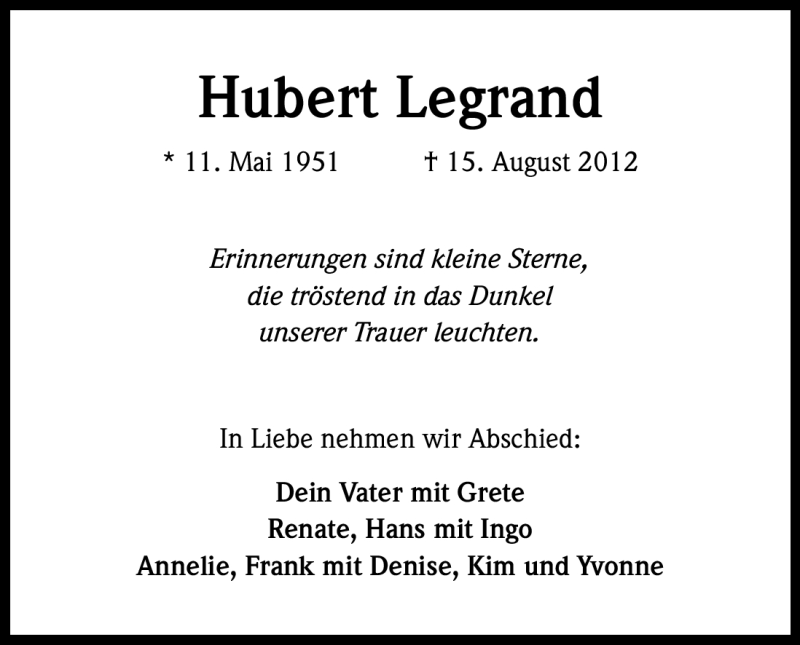  Traueranzeige für Hubert Legrand vom 21.08.2012 aus Kölner Stadt-Anzeiger / Kölnische Rundschau / Express