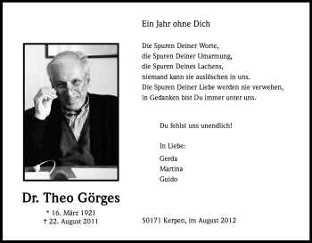 Anzeige von Theo Görges von Kölner Stadt-Anzeiger / Kölnische Rundschau / Express