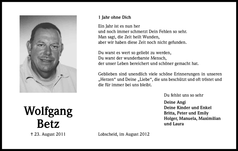  Traueranzeige für Wolfgang Betz vom 25.08.2012 aus Kölner Stadt-Anzeiger / Kölnische Rundschau / Express