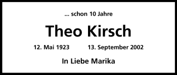 Anzeige von Theo Kirsch von Köln - Wir Trauern