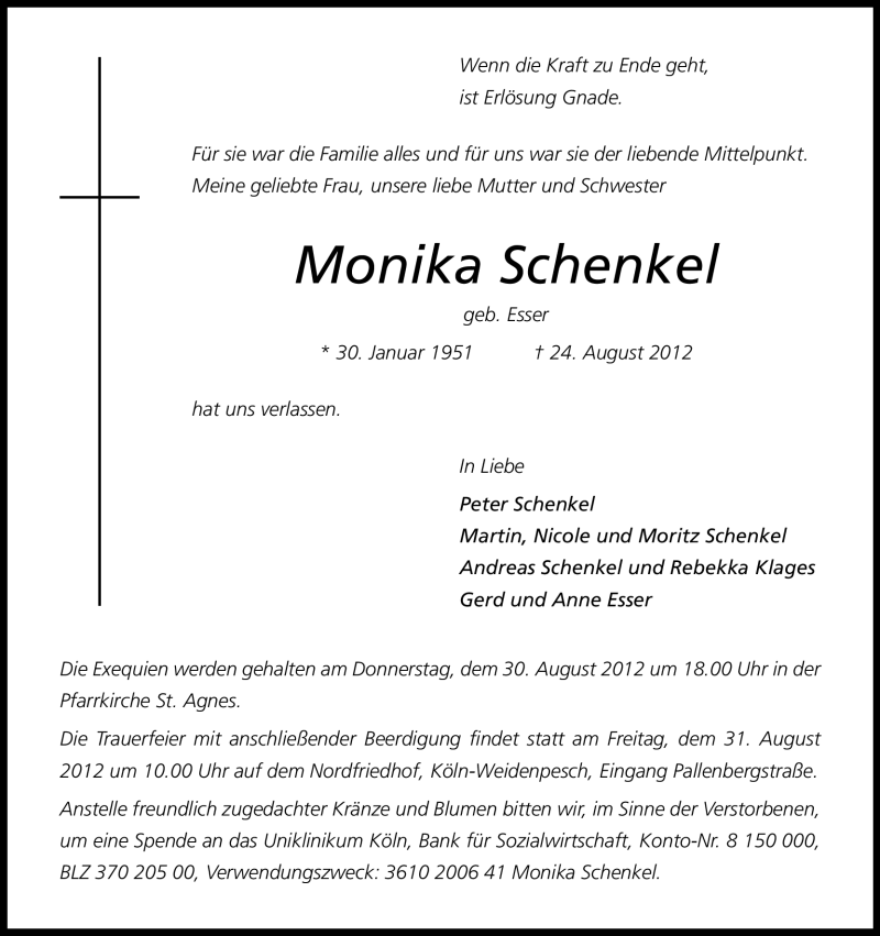  Traueranzeige für Monika Schenkel vom 29.08.2012 aus Kölner Stadt-Anzeiger / Kölnische Rundschau / Express