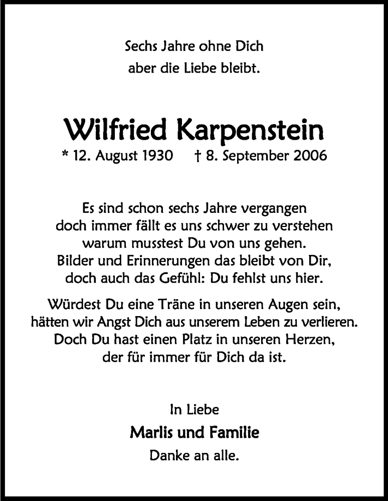  Traueranzeige für Wilfried Karpenstein vom 08.09.2012 aus Kölner Stadt-Anzeiger / Kölnische Rundschau / Express