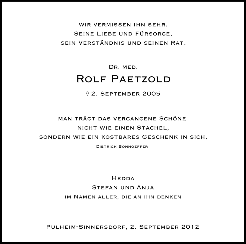  Traueranzeige für Rolf Paetzold vom 01.09.2012 aus Kölner Stadt-Anzeiger / Kölnische Rundschau / Express