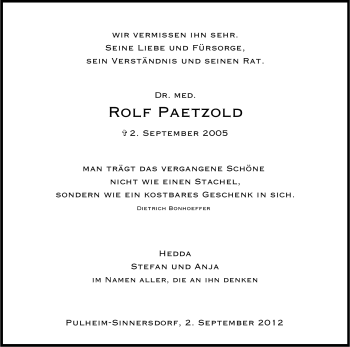 Anzeige von Rolf Paetzold von Kölner Stadt-Anzeiger / Kölnische Rundschau / Express