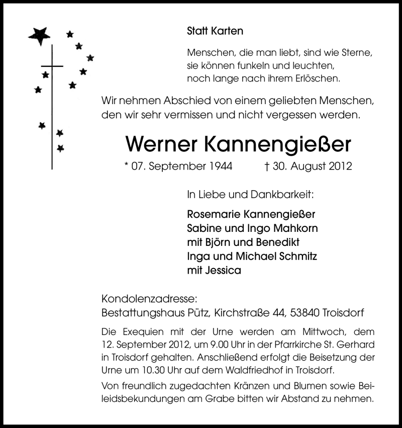  Traueranzeige für Werner Kannengießer vom 08.09.2012 aus Kölner Stadt-Anzeiger / Kölnische Rundschau / Express