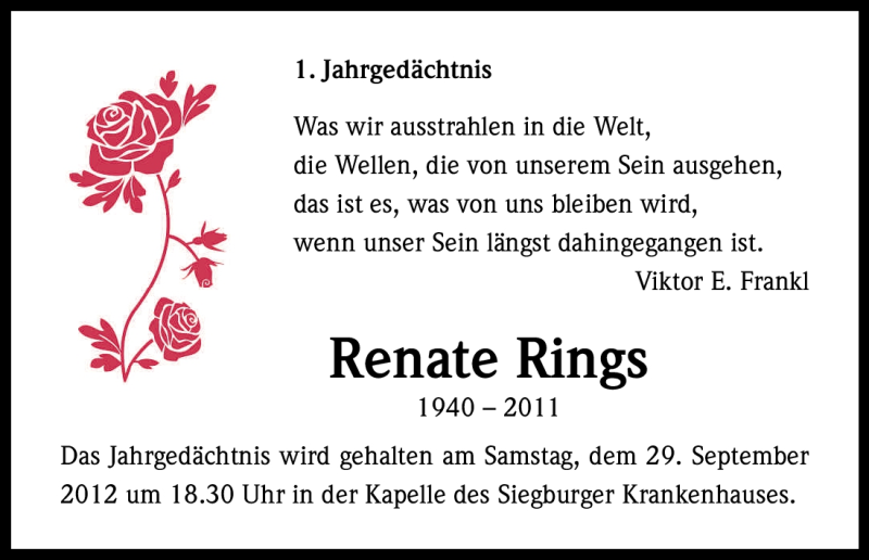  Traueranzeige für Renate Rings vom 26.09.2012 aus Kölner Stadt-Anzeiger / Kölnische Rundschau / Express