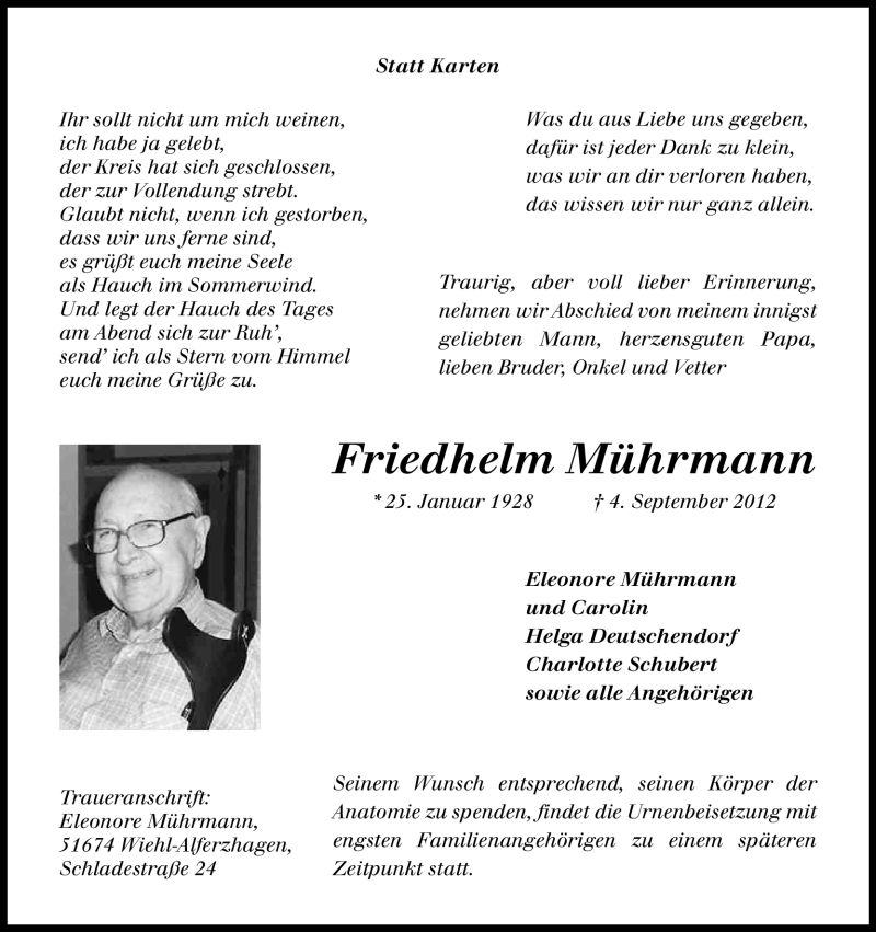  Traueranzeige für Friedhelm Mührmann vom 08.09.2012 aus Kölner Stadt-Anzeiger / Kölnische Rundschau / Express