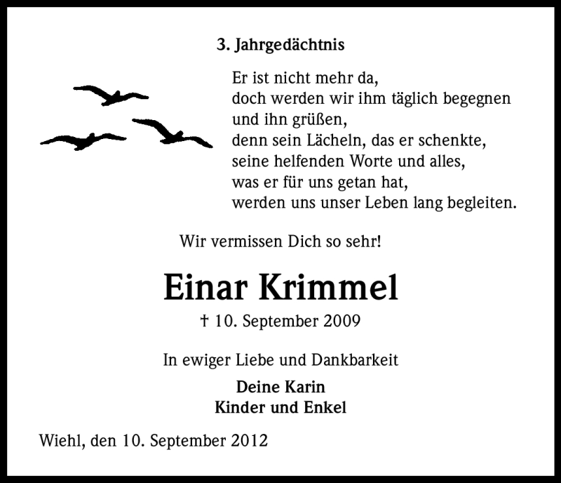  Traueranzeige für Einar Krimmel vom 10.09.2012 aus Kölner Stadt-Anzeiger / Kölnische Rundschau / Express
