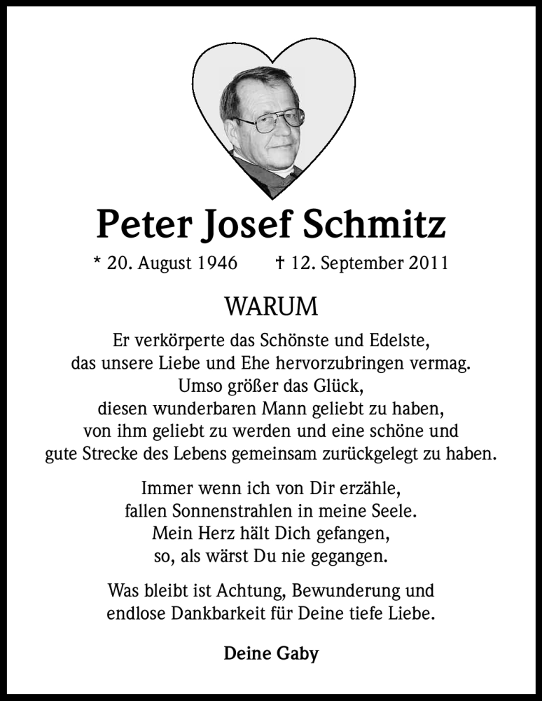  Traueranzeige für Peter Josef Schmitz vom 12.09.2012 aus Kölner Stadt-Anzeiger / Kölnische Rundschau / Express