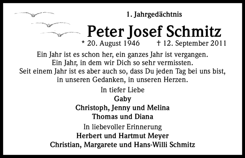  Traueranzeige für Peter Josef Schmitz vom 12.09.2012 aus Kölner Stadt-Anzeiger / Kölnische Rundschau / Express