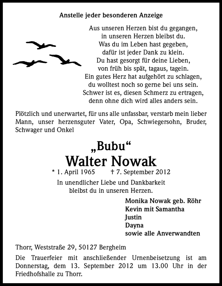  Traueranzeige für Walter Nowak vom 12.09.2012 aus Kölner Stadt-Anzeiger / Kölnische Rundschau / Express