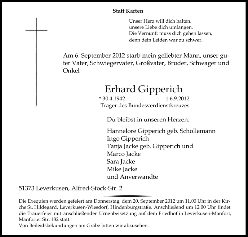  Traueranzeige für Erhard Gipperich vom 13.09.2012 aus Kölner Stadt-Anzeiger / Kölnische Rundschau / Express
