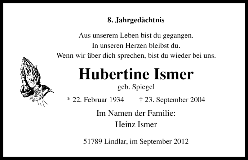  Traueranzeige für Hubertine Ismer vom 22.09.2012 aus Kölner Stadt-Anzeiger / Kölnische Rundschau / Express