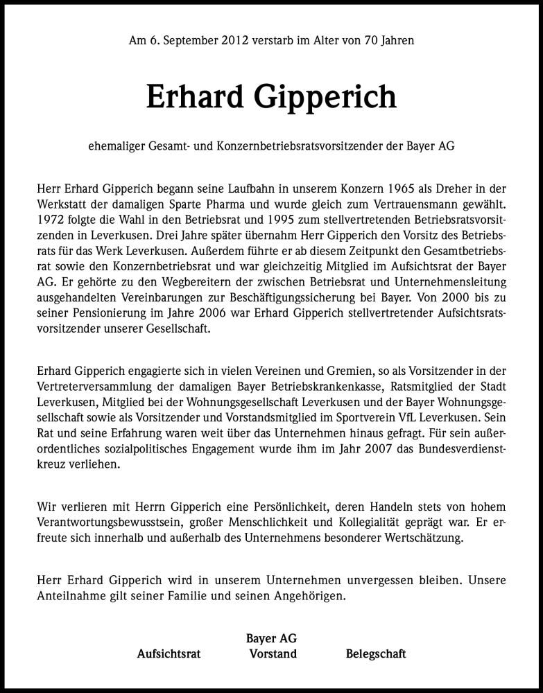  Traueranzeige für Erhard Gipperich vom 13.09.2012 aus Kölner Stadt-Anzeiger / Kölnische Rundschau / Express