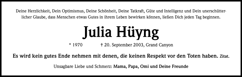  Traueranzeige für Julia Hüyng vom 15.09.2012 aus Kölner Stadt-Anzeiger / Kölnische Rundschau / Express