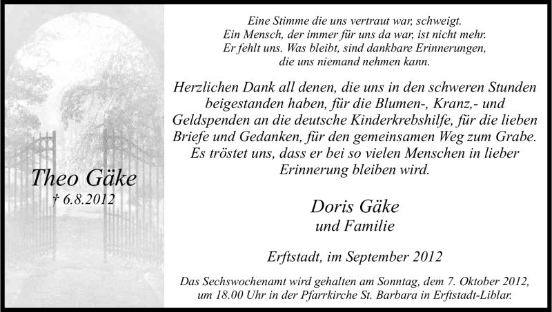  Traueranzeige für Theo  Gäke vom 29.09.2012 aus Kölner Stadt-Anzeiger / Kölnische Rundschau / Express